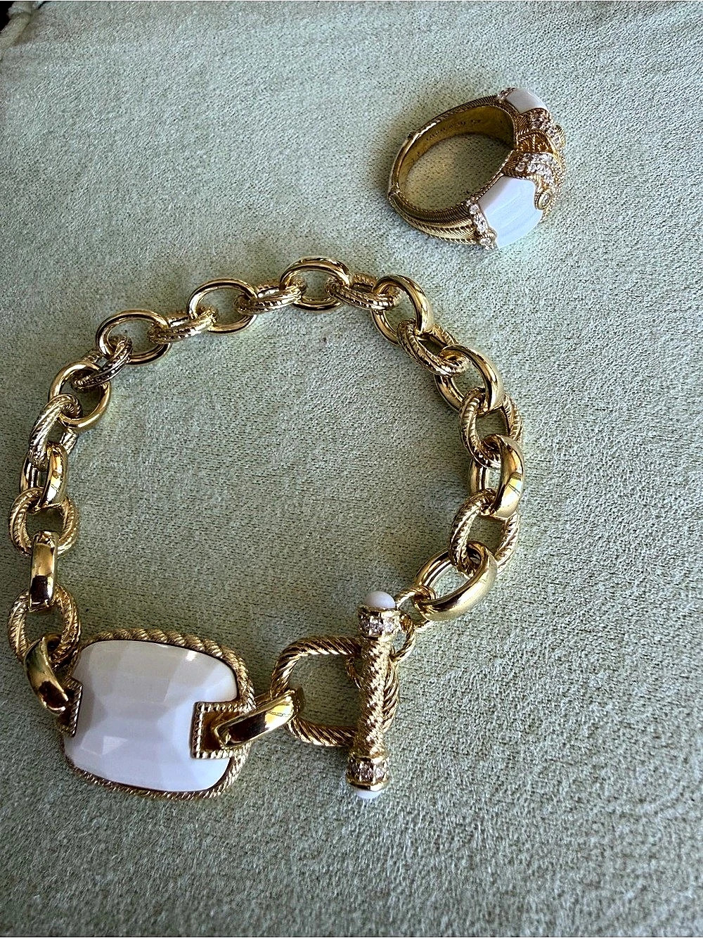 Judith Ripka 14 K Gold Clad & White Agate Bracelet and Ring Set